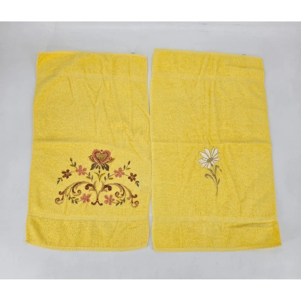 Vintage Cannon Yellow Towel Set 3pc Embroidered Floral Cottage Granny Chic